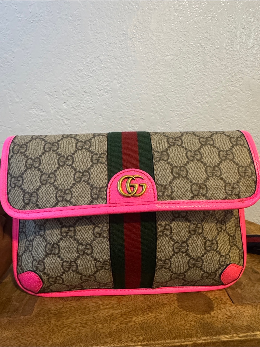 AUTHENTIC Gucci GG Supreme Shoulder Bag with Pink Trim and Web Stripe